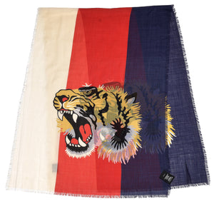 Gucci Wool Sylvie Tiger Scarf in Sapphire and Ivory