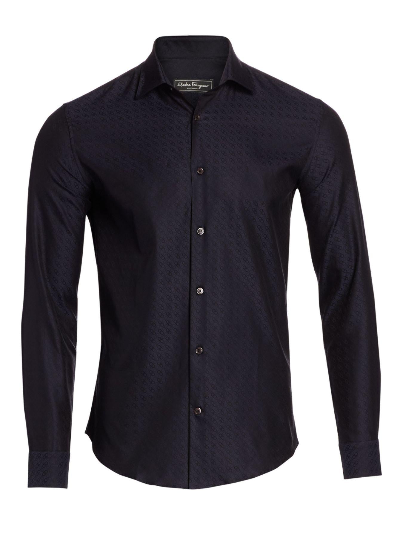 Salvatore Ferragamo Tonal Gancini Print Men's Button-Down Shirt in Black