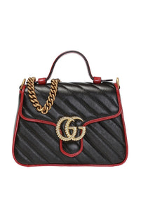 Gucci GG Marmont Top Handle Shoulder Bag in Black with Red Trim