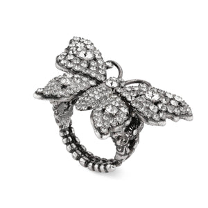 Gucci Crystal Embellished Butterfly Motif Ring in Silver