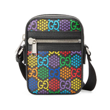 Load image into Gallery viewer, Gucci small messenger bag with adjustable strap.  Featuring the Psychedlic collection this bag has interlocking GG s in vivid rainbow colors laced with dots and a hexagon pattern made of tiny stars.  Front and top zip compartments.