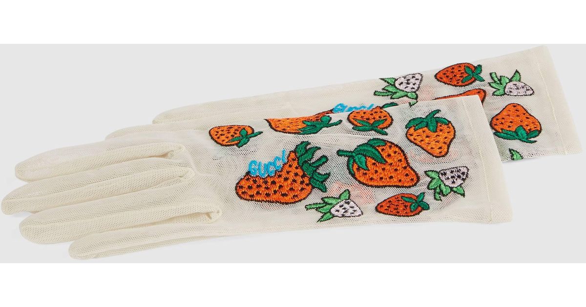 GUCCI Tulle Strawberry Embroidered Sheer Gloves S White 687903