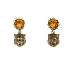 Load image into Gallery viewer, Gucci Crystal Stud Earrings with Feline Head in Orange