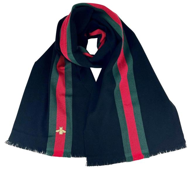 Gucci Black Wool Cashmere Silk Long Scarf with BRB Web and Bee