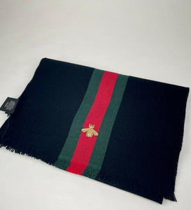 Gucci Black Wool Cashmere Silk Long Scarf with BRB Web and Bee