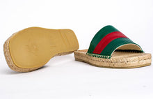 Load image into Gallery viewer, Gucci Green and Red Web Striped Espadrille Slides in Beige