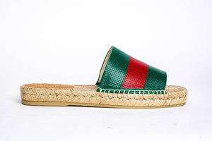 Gucci Green and Red Web Striped Espadrille Slides in Beige