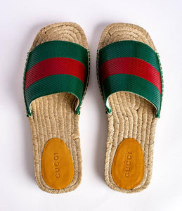 Gucci Green and Red Web Striped Espadrille Slides in Beige