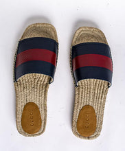 Load image into Gallery viewer, Gucci Blue and Red Web Striped Espadrille Slides in Beige