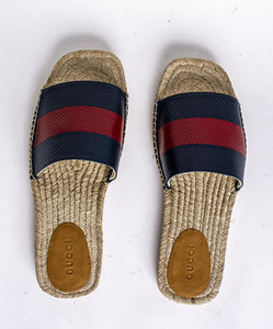 Gucci Blue and Red Web Striped Espadrille Slides in Beige