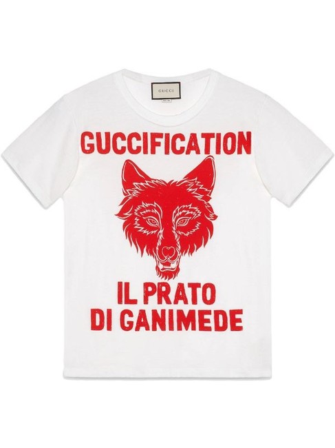 Gucci oversized T shirt in soft white cotten with a red printed fox face and the words 