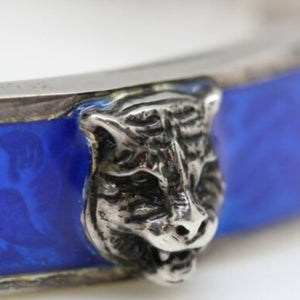 GUCCI Sterling Silver with Blue Enamel and Feline Faces Buckle Bangle Bracelet