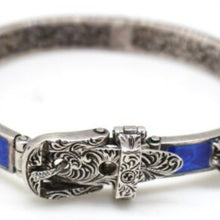Load image into Gallery viewer, GUCCI Sterling Silver with Blue Enamel and Feline Faces Buckle Bangle Bracelet