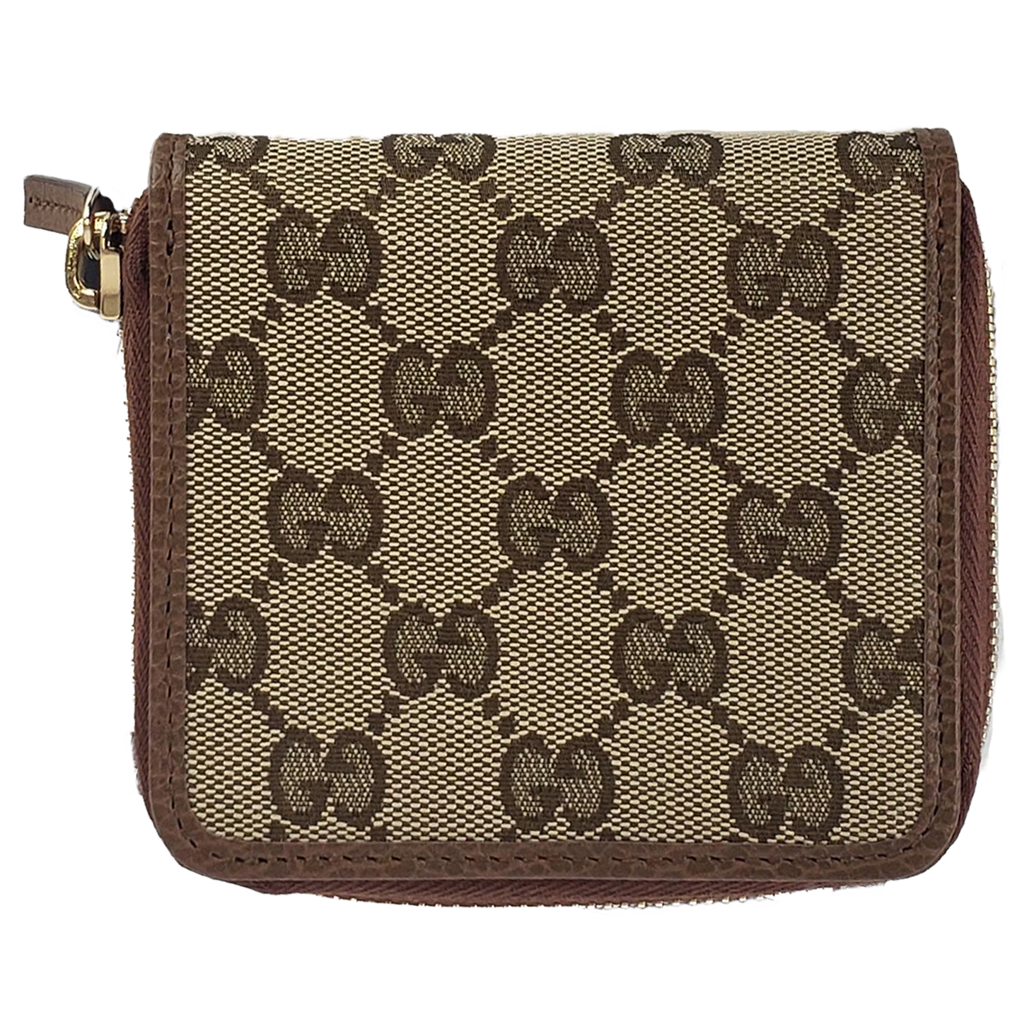 Brown and Beige wallet Signature interlocking GG pattern Light gold-toned hardware GG Supreme canvas lined with leather Zip around closure Money flap secured with snap button 6 credit card slots, 1 zipped coin pouch, 1 bill compartment 4" x 4.25" x 1.25" Product number 346056 Made in Italy
