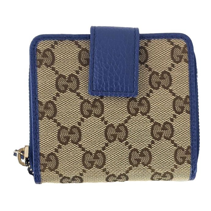 Gucci Original GG Canvas French Wallet in Beige and Caspian Blue