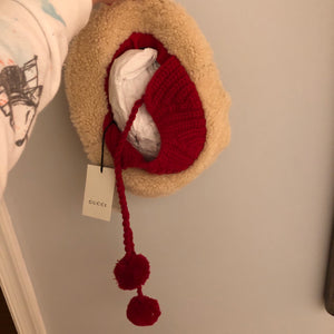 Gucci Shearling Cap with Wool Ear Covers and Pom Pom Tie
