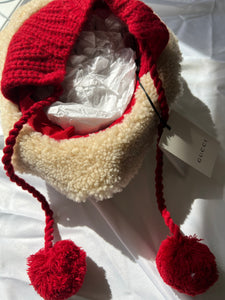Gucci Shearling Cap with Wool Ear Covers and Pom Pom Tie