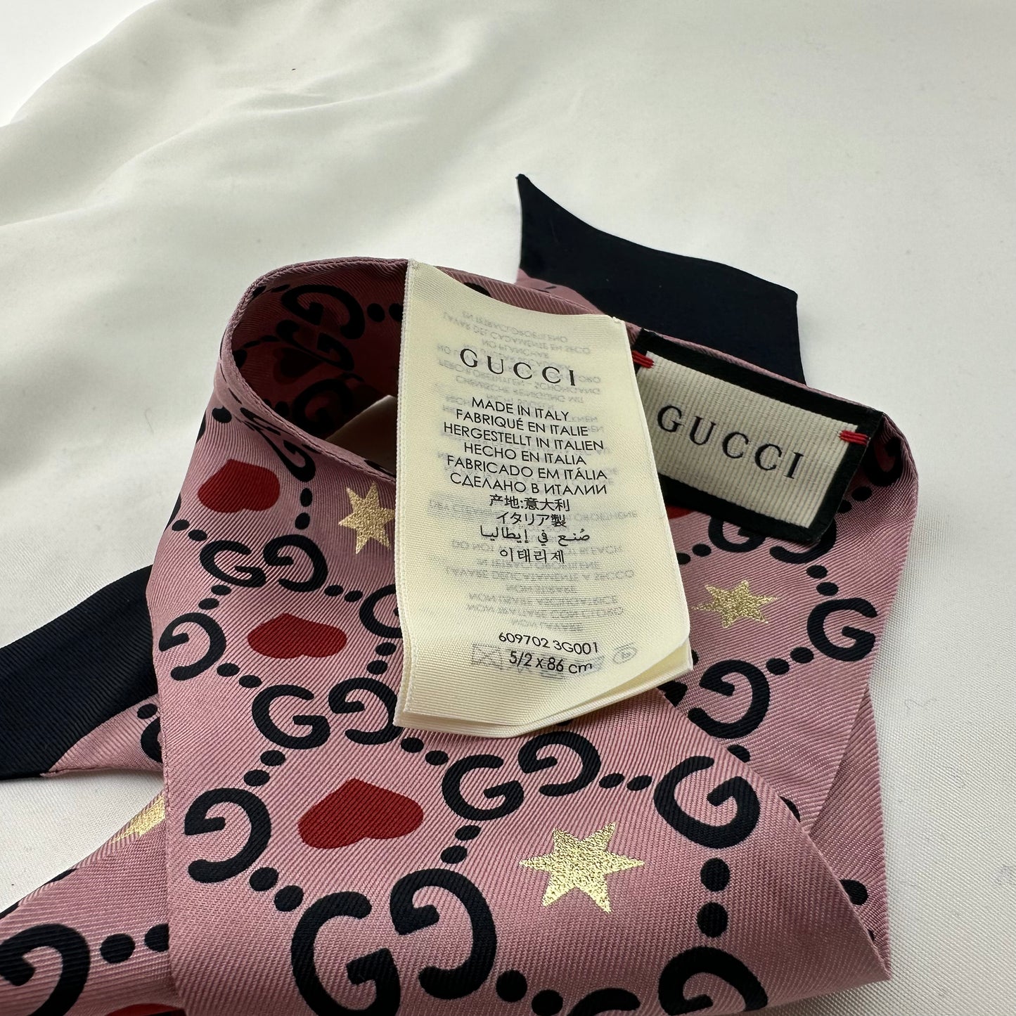Gucci Patterned Silk Neck Tie Scarf with GG, Hearts and Stars