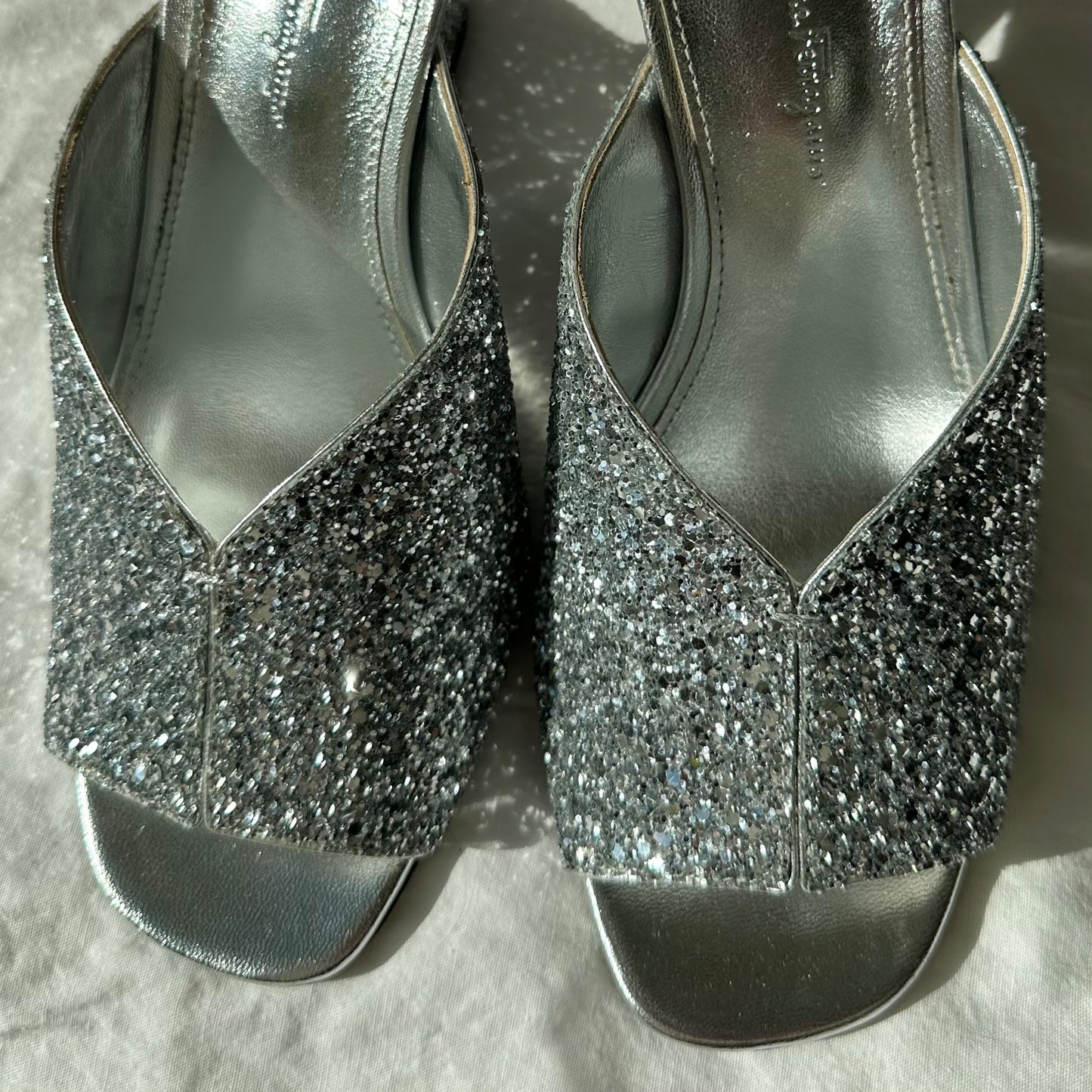 Salvatore Ferragamo Ladies Argento Sansu Sculptural Heel Mules