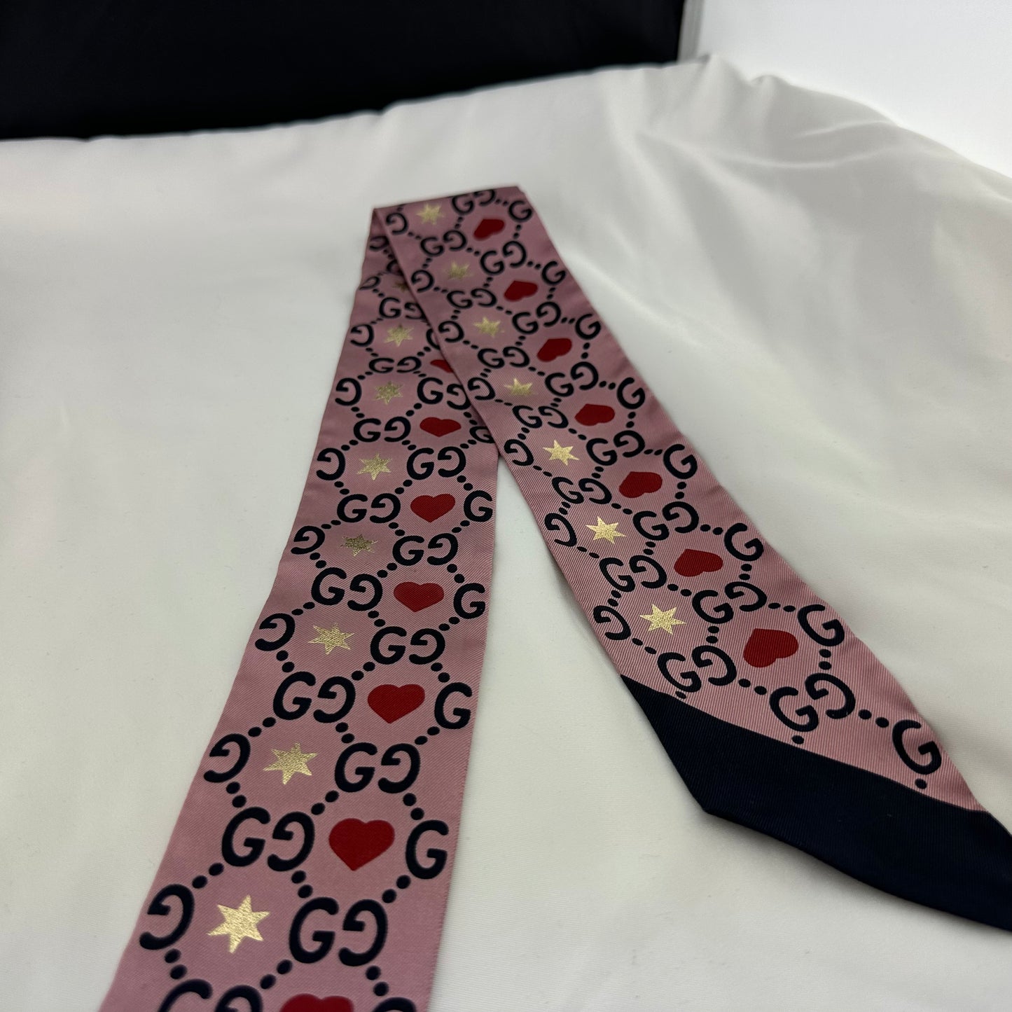 Gucci Patterned Silk Neck Tie Scarf with GG, Hearts and Stars
