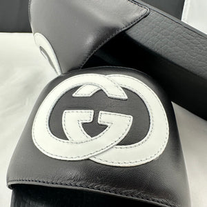 Gucci Men's Black Slides with White Interlocking GG