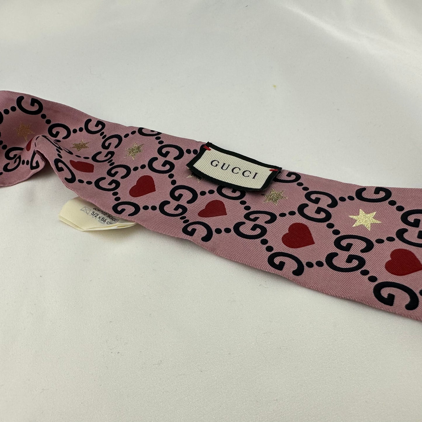 Gucci Patterned Silk Neck Tie Scarf with GG, Hearts and Stars