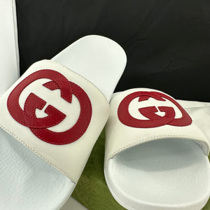 Gucci Women's White Slides with Red Interlocking GG