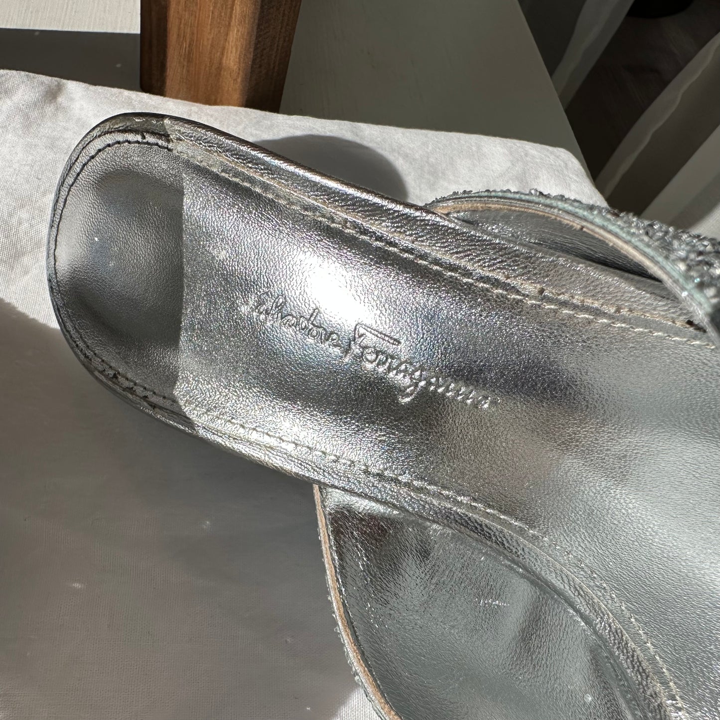 Salvatore Ferragamo Ladies Argento Sansu Sculptural Heel Mules