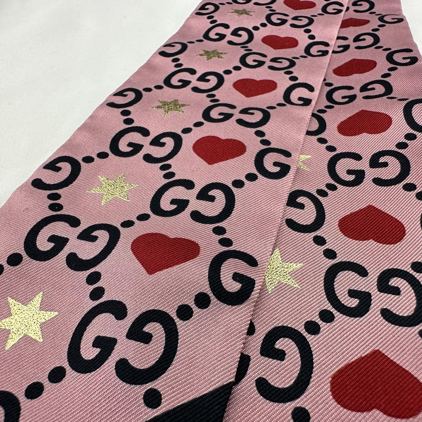 Gucci Patterned Silk Neck Tie Scarf with GG, Hearts and Stars