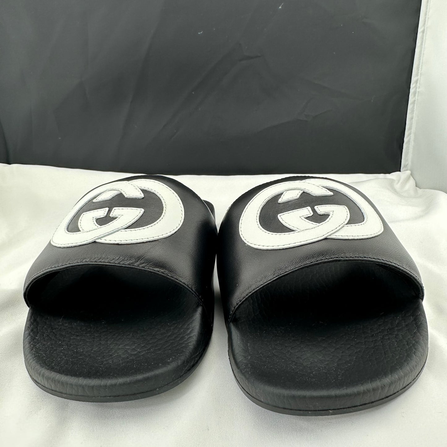 Gucci Men's Black Slides with White Interlocking GG