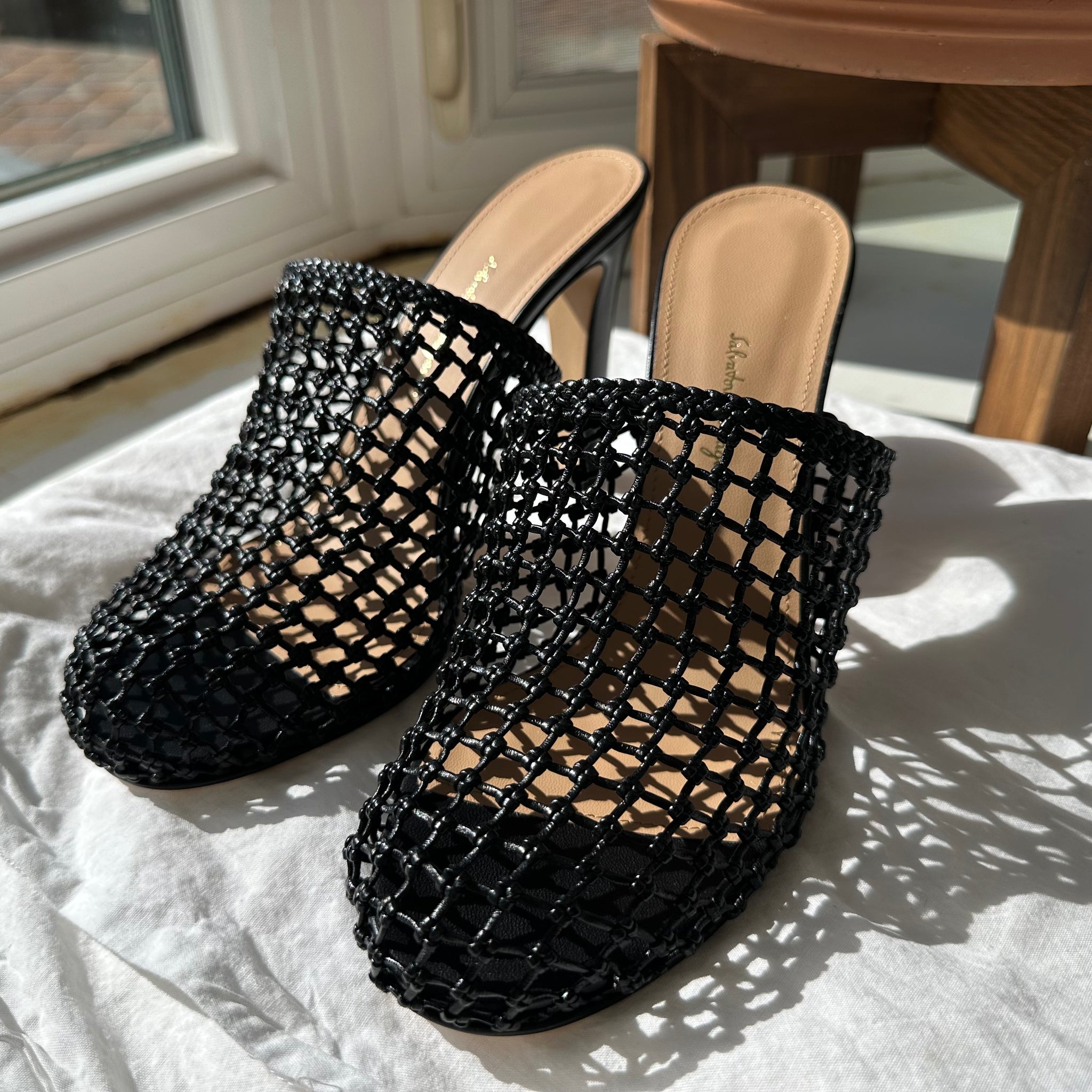 Salvatore Ferragamo Ellas X5 Caged Leather Heel Mules in Black
