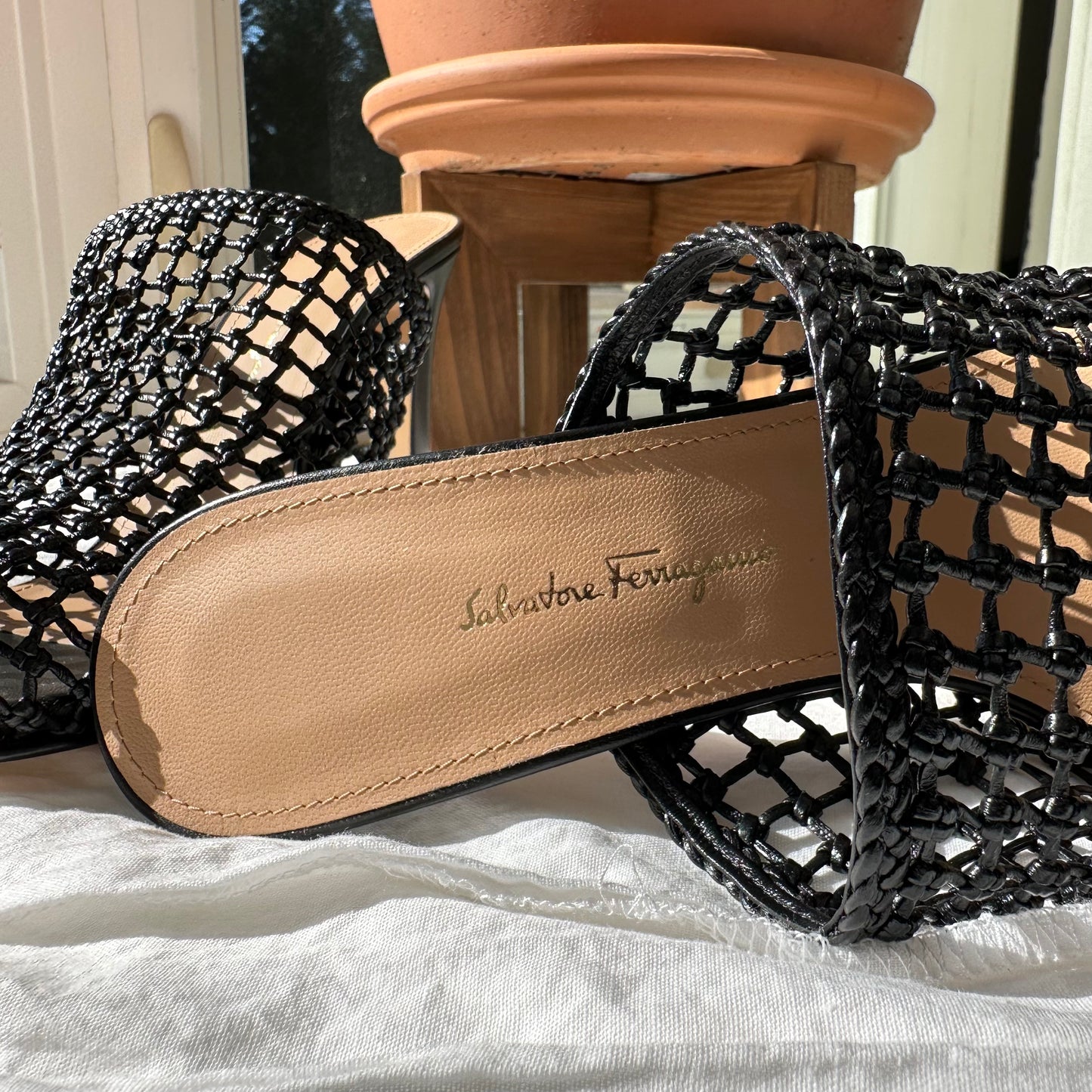 Salvatore Ferragamo Ellas X5 Caged Leather Heel Mules in Black