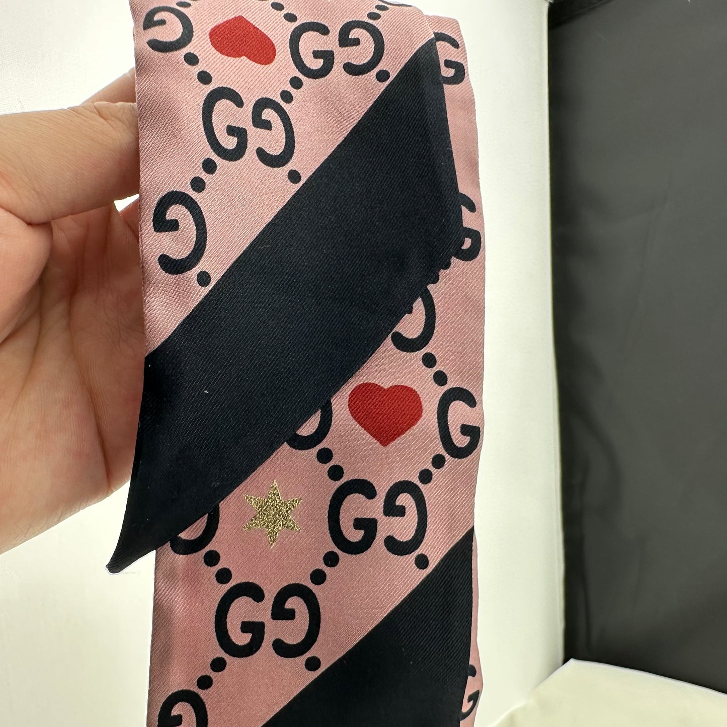 Gucci Patterned Silk Neck Tie Scarf with GG, Hearts and Stars