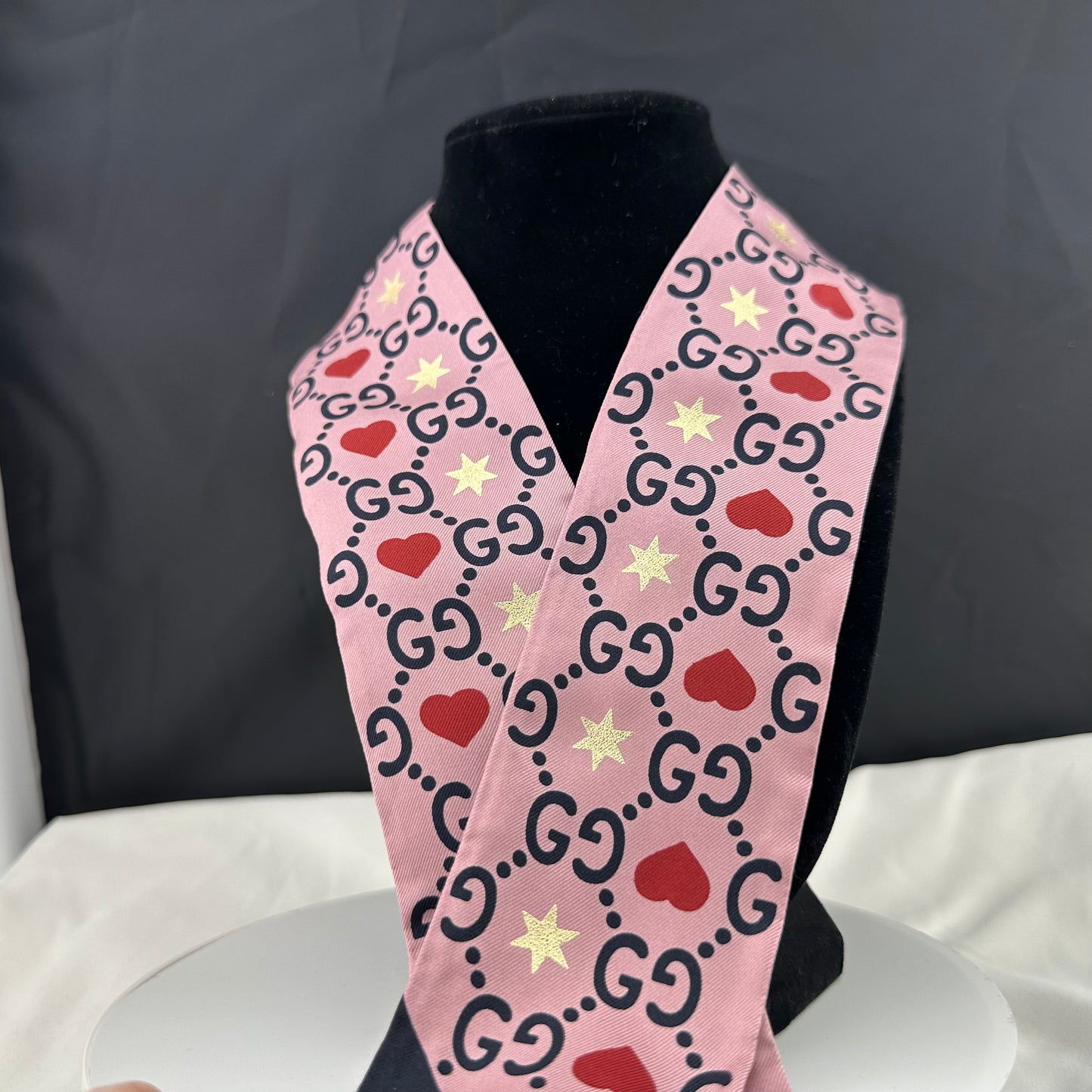 Gucci Patterned Silk Neck Tie Scarf with GG, Hearts and Stars