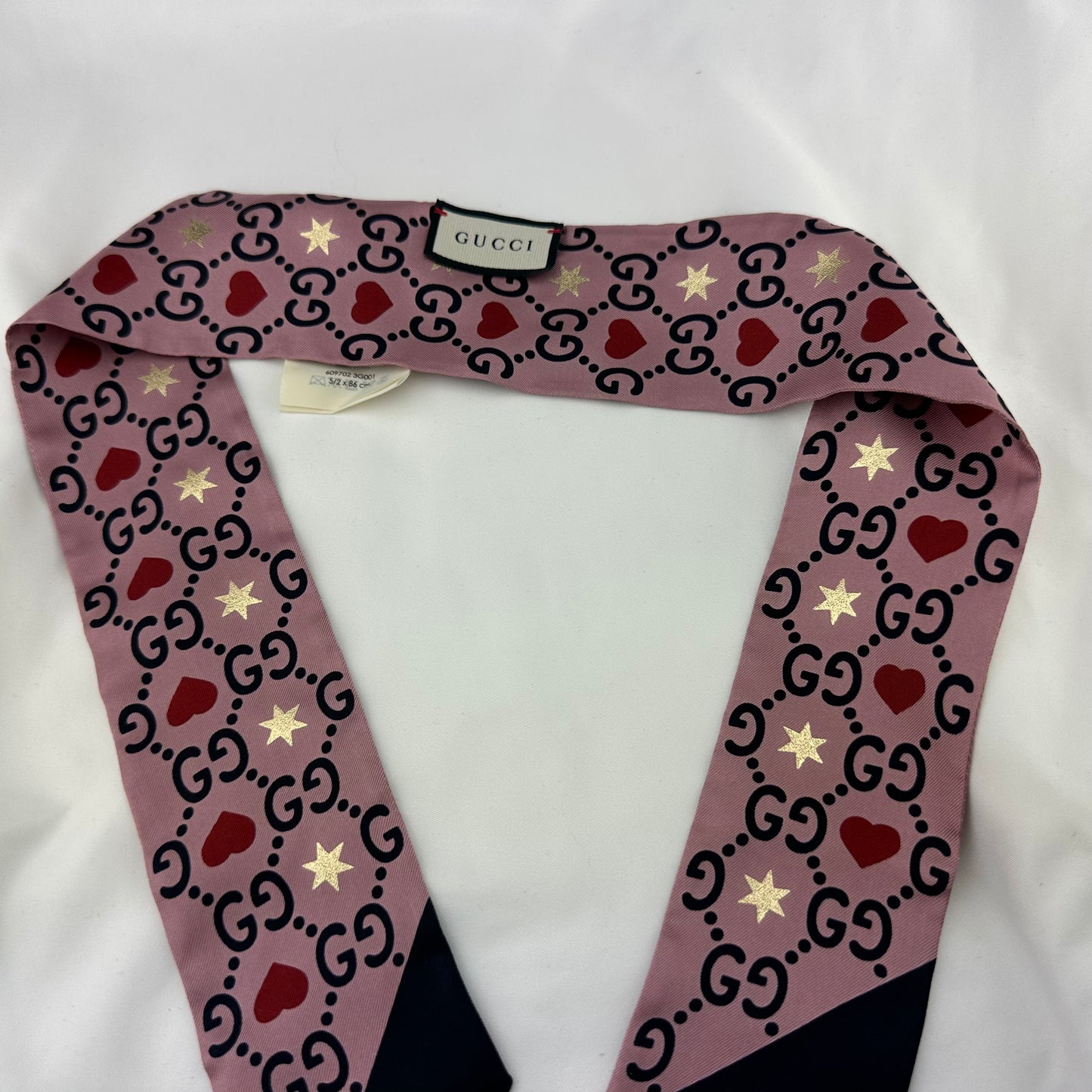 Gucci Patterned Silk Neck Tie Scarf with GG, Hearts and Stars
