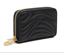 Load image into Gallery viewer, Black coin purse with embossed &quot;wave&quot; quilting pattern Gold-toned hardware Zip around top  3 interior compartments and 2 card slots Comes with Red Salvatore Ferragamo Box 5&quot; x 3.25&quot; x 1&quot;  Made in Italy