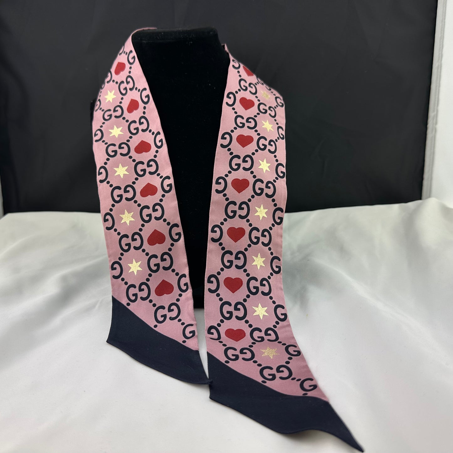 Gucci Patterned Silk Neck Tie Scarf with GG, Hearts and Stars