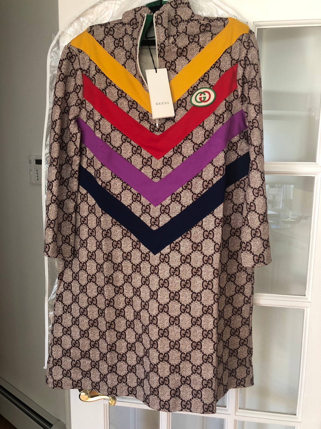 Gucci GG Supreme Jersey Dress with Chevron Stripes