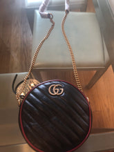 Load image into Gallery viewer, Gucci GG Mini Marmont Round Shoulder Bag in Black with Red Trim
