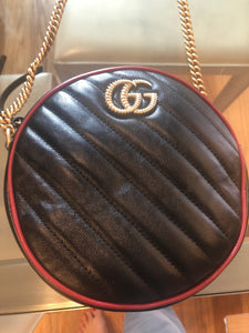 Gucci GG Mini Marmont Round Shoulder Bag in Black with Red Trim