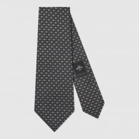 Gucci Navy Silk Tie with Woven Bees