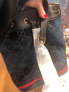 Gucci Ophidia GG Velvet Bucket Bag in Navy with Web