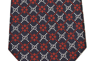 Gucci Navy Silk Tie with Red Diamonds and Interlocking GG