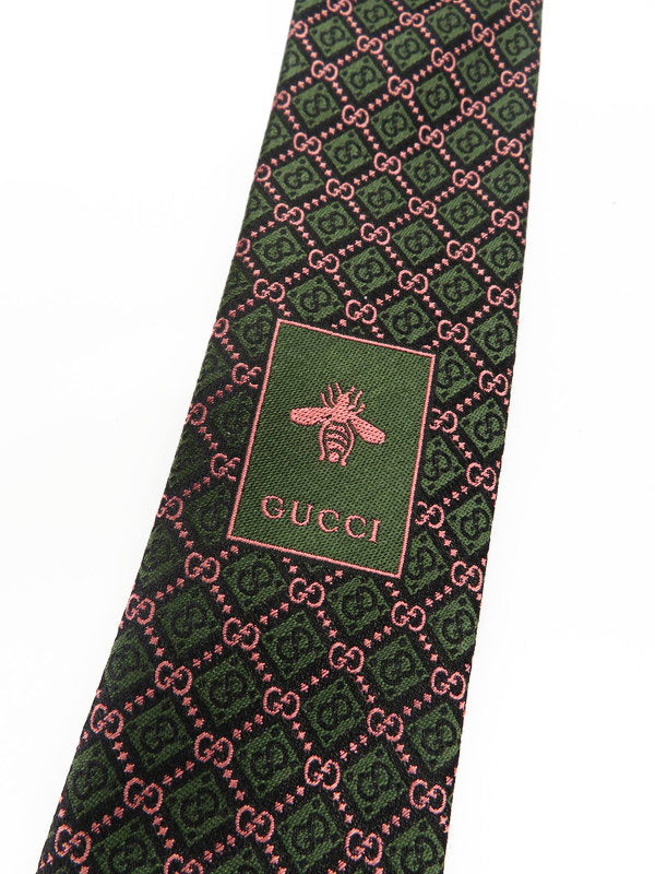 Gucci GG and Rhombus Motif Silk Tie in Pink and Green
