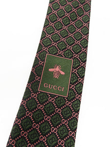 Gucci GG and Rhombus Motif Silk Tie in Pink and Green