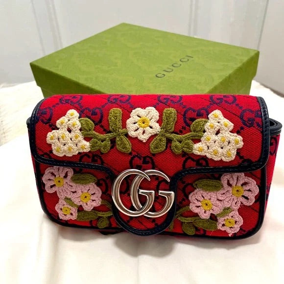 Gucci Monogram Multicolor Super Mini GG Marmont in Red with Floral