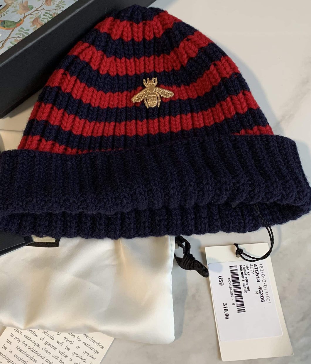 Gucci Red and Blue Beanie Hat with Gold Bee