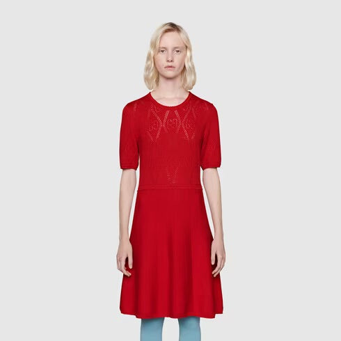 Gucci Red Wool Dress with GG Perforations Gavriel.us Gucci Red Wool Dress with GG Perforations Gavriel.us