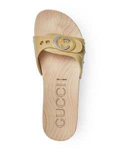 Gucci GG Lifford Wooden Slide Sandals in Beige