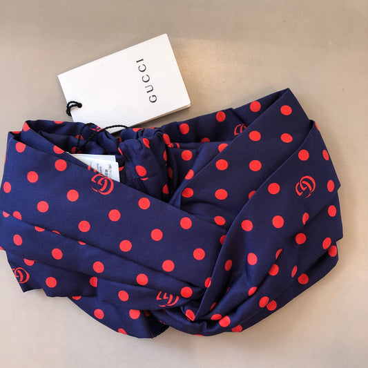 Gucci Navy Headband with Red Polka Dots and Interlocking GG